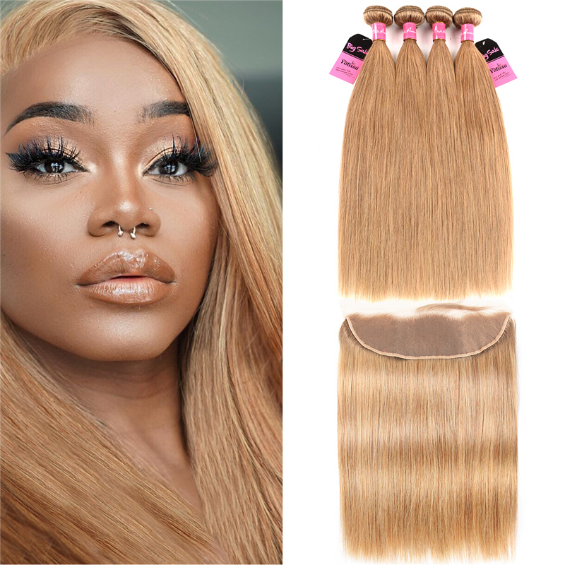 Neon Yellow Hair Straight Human Hair Lace Front Wigs Golden Blonde Hair  Color